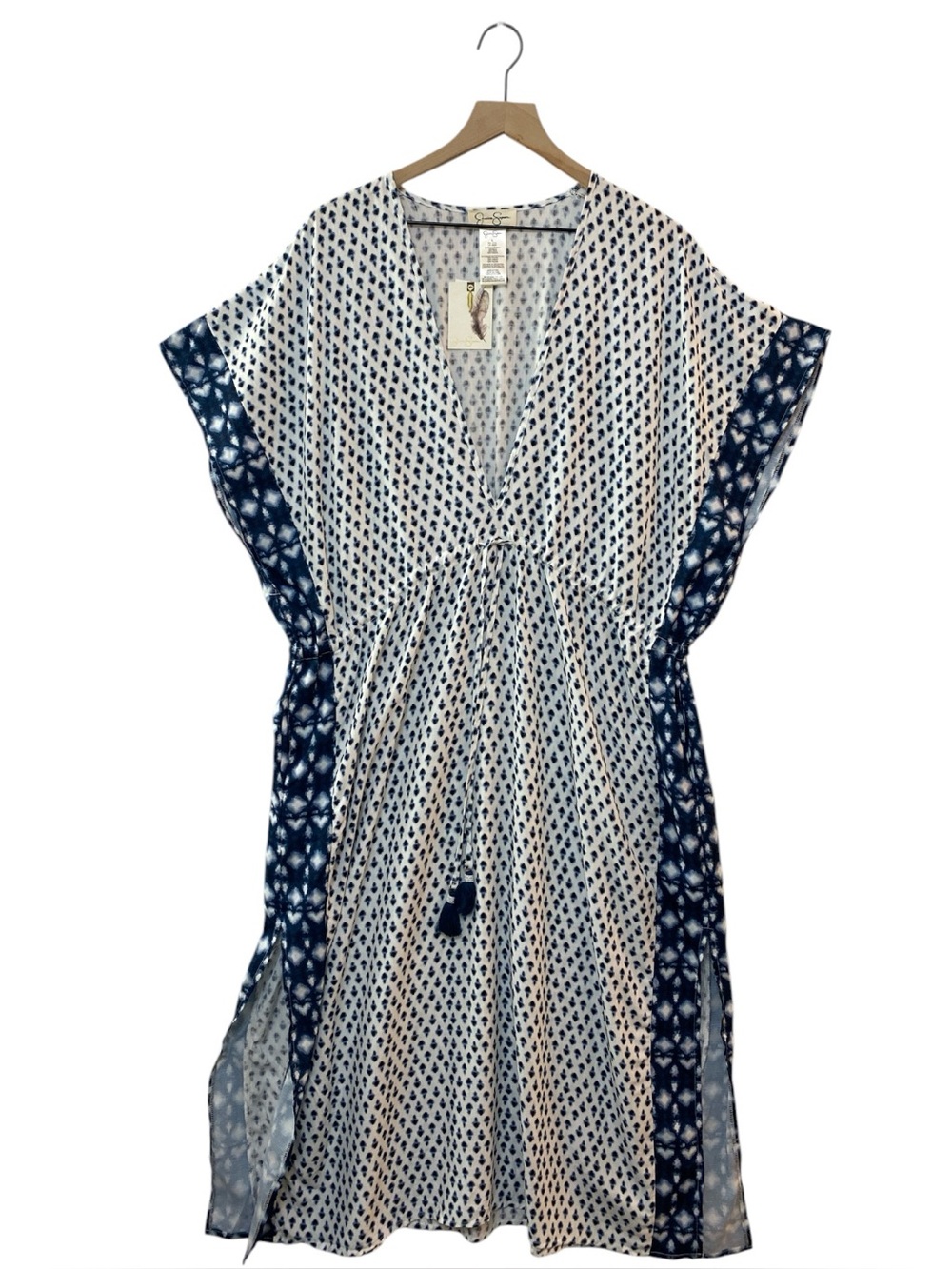 Jessica Simpson Caftan/Swim Cover-Up Size L Blue/White Ikat Print NWT Resortwear